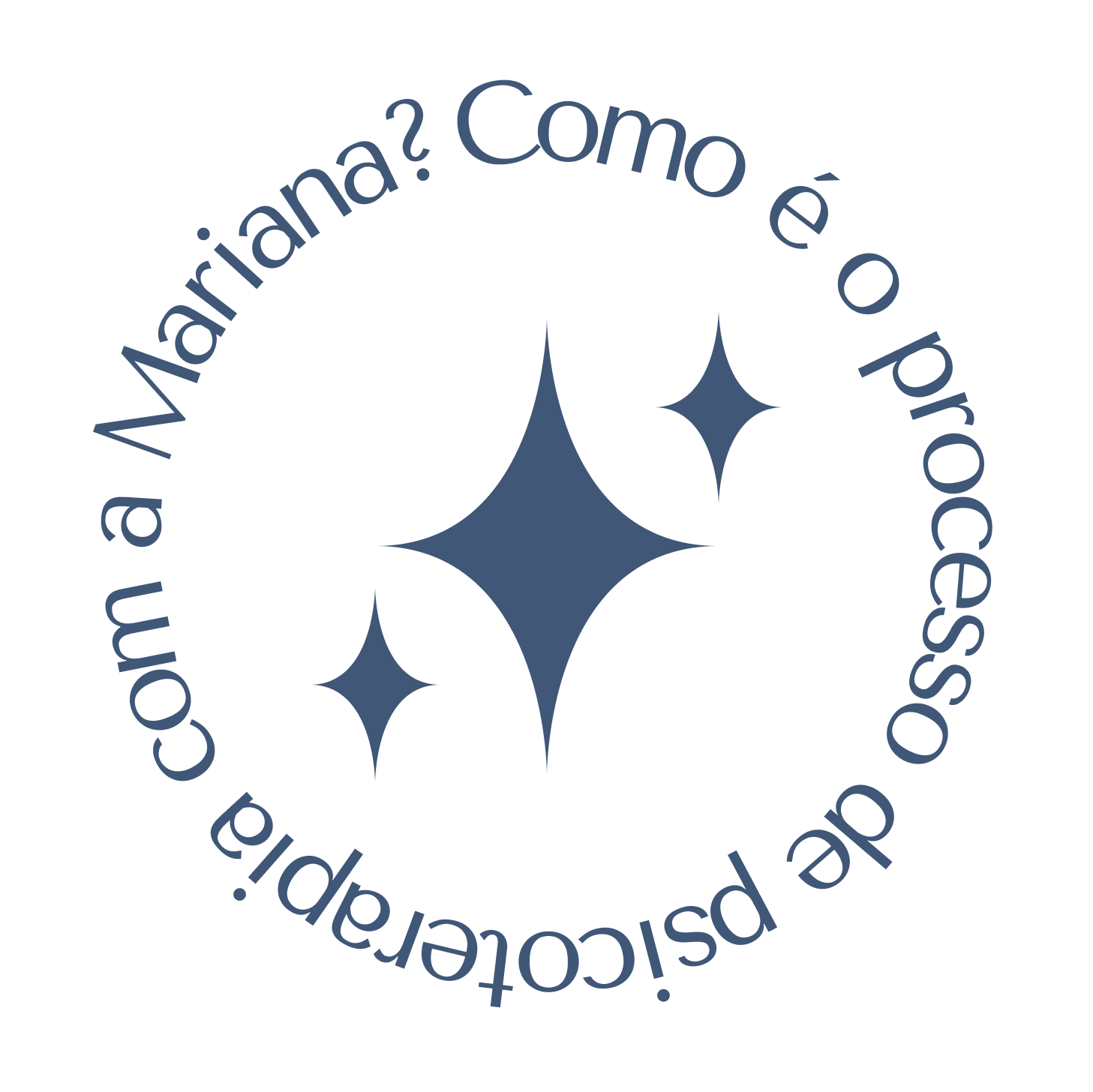 Logo circular com o texto 'Como é o processo de psicoterapia com a Mariana?' em azul, contornando um círculo central branco com quatro estrelas azul-escuras de tamanhos variados no centro.